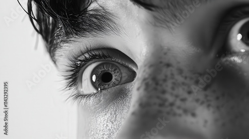 A striking monochromatic close-up of a freckled face, highlighting wide-open eyes and intense expression. Rich textures create depth and contrast. AI generated. photo