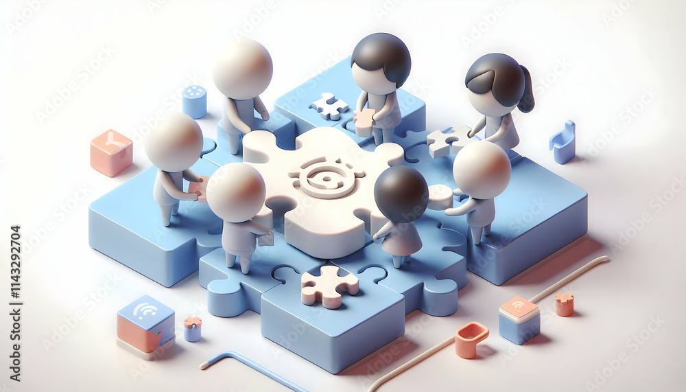 3D Soft abstract digital art with team members solving puzzle copy space below. concept as Team members solving a puzzle on a soft abstract digital art background representing collaboration and proble 3D Soft abstract digital art with team members solving puzzle copy space below. concept as Team members solving a puzzle on a soft abstract digital art background representing collaboration and proble