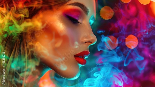 Art portrait of beauty model woman with colorful smoke. Smoking girl, close up. Night life concept. Soft liquid rainbow smoke, glowing, glamour, glimmer.