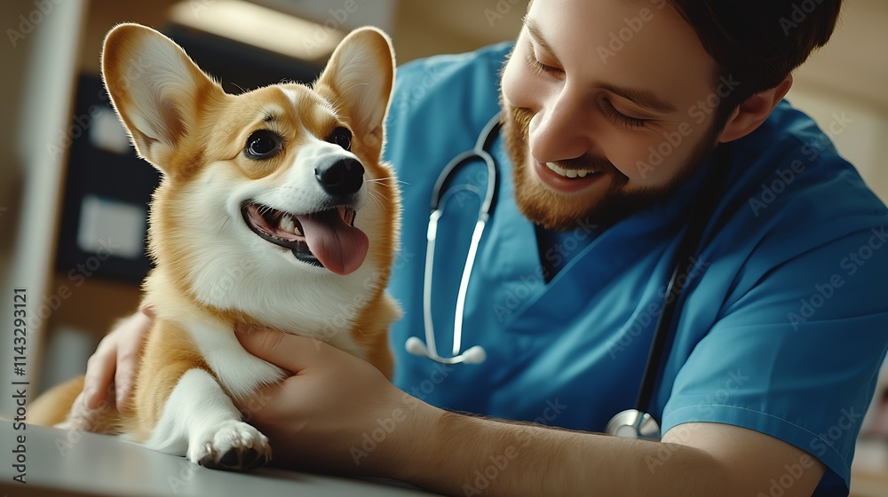 Smiling Veterinarian with Corgi at a Veterinary Clinic : Generative AI Smiling Veterinarian with Corgi at a Veterinary Clinic : Generative AI