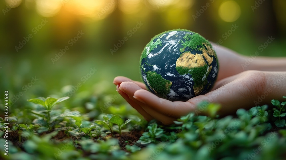 Hands holding miniature Earth in lush greenery. Hands holding miniature Earth in lush greenery.