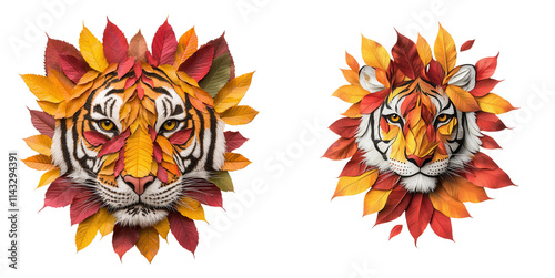 Colorful tiger faces made from autumn leaves, vibrant and artistic display, isolated on transparent background. photo