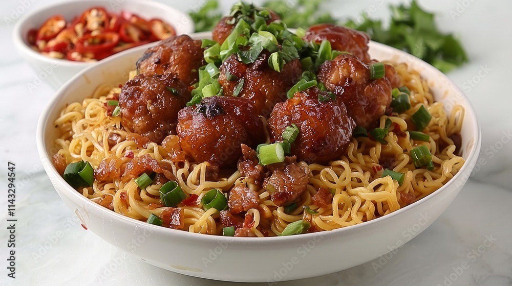 Delicious bowl of noodles topped with savory meatballs, garnished with green onions and chili flakes. Delicious bowl of noodles topped with savory meatballs, garnished with green onions and chili flakes.