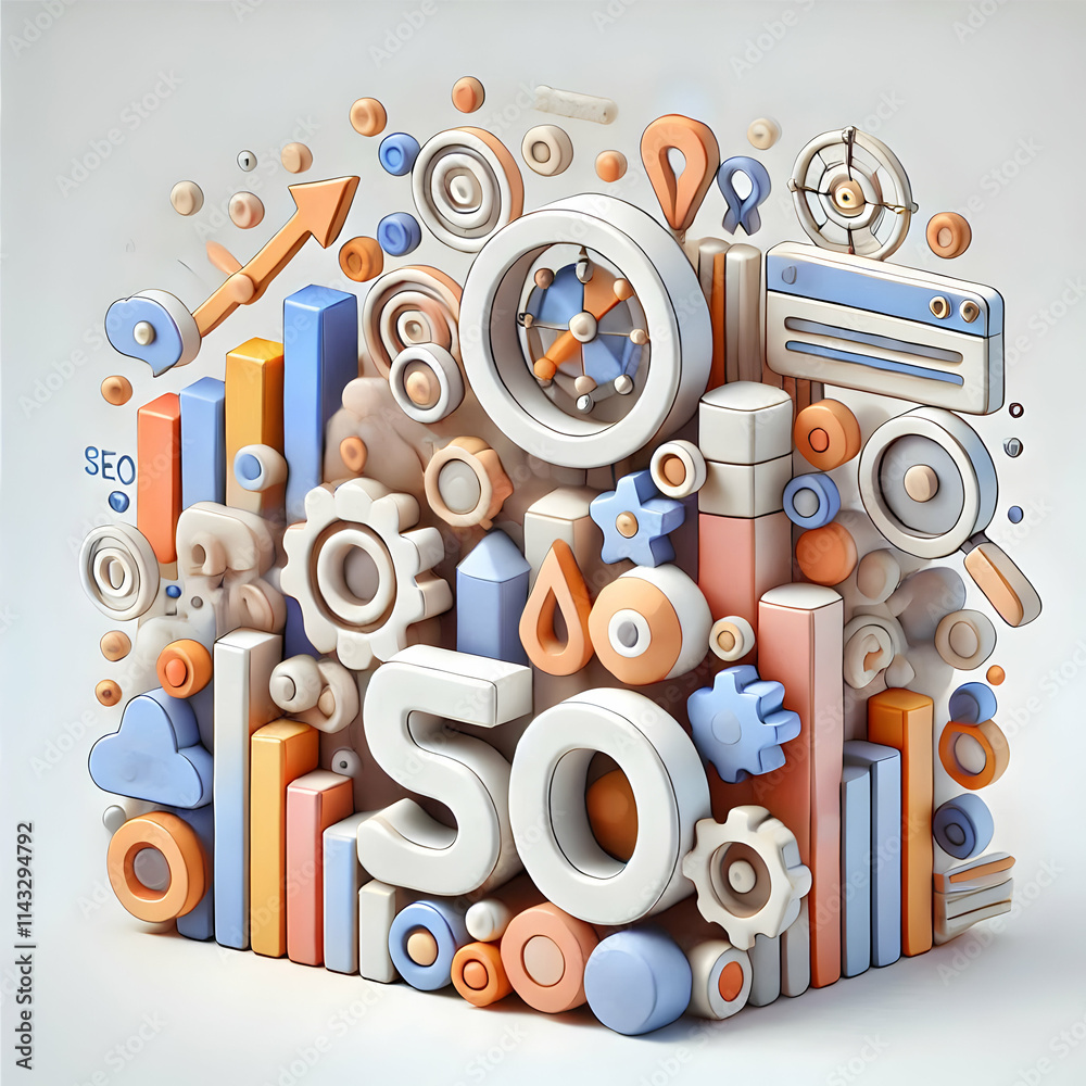 Obraz premium 3D Plain geometric patterns with SEO elements ample copy space concept as Clean plain background featuring subtle geometric patterns integrated with SEO elements like keywords backlinks and rankings p