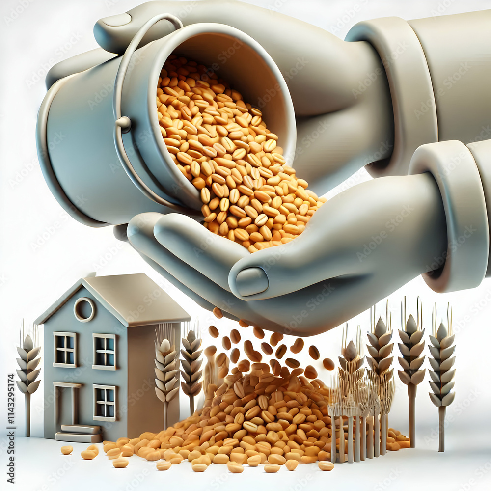 3D Macro of grains pouring from farmers hands concept as Close up of grains flowing from farmers hands illustrating abundance and distribution key to food security; ample copy space. as 3D Icon cute i 3D Macro of grains pouring from farmers hands concept as Close up of grains flowing from farmers hands illustrating abundance and distribution key to food security; ample copy space. as 3D Icon cute i