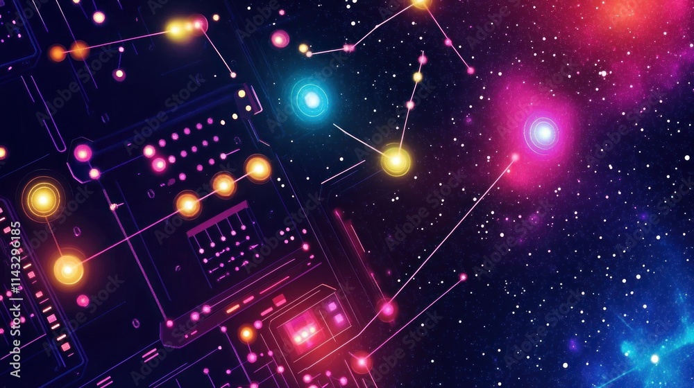 Futuristic circuit board design with glowing nodes and cosmic background.