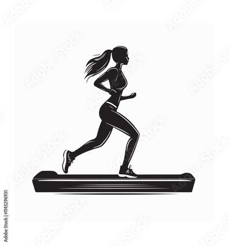 Silhouette of young slim woman running on treadmill Vector illustration on white background.