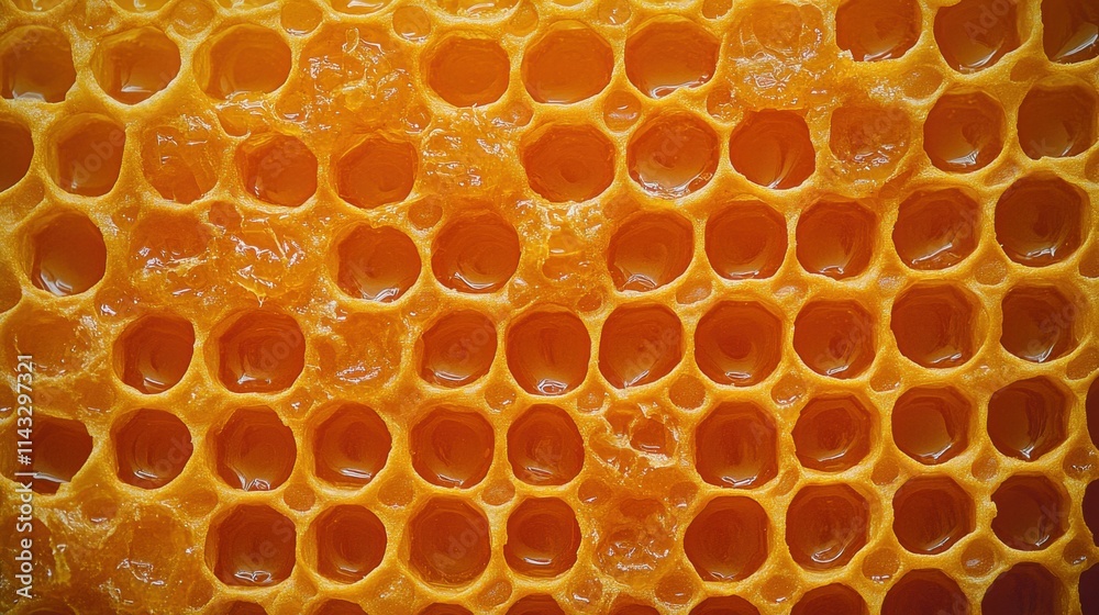 Close-Up View of Shiny Honeycomb Cells Filled with Golden Honey Close-Up View of Shiny Honeycomb Cells Filled with Golden Honey