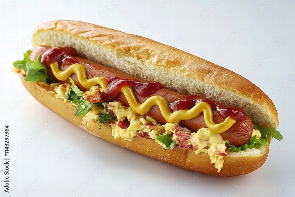Delicious Hot Dog with Ketchup and Mustard on Soft Bun Delicious Hot Dog with Ketchup and Mustard on Soft Bun