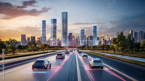Autonomous vehicles driving on highway towards modern city skyline at sunset.