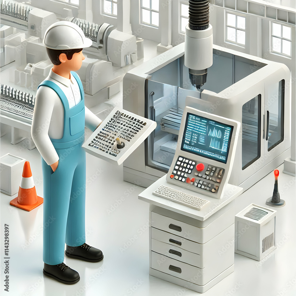 3D Engineer Programming CNC Machine in Modern Manufacturing Facility - Precision Industrial Automation Icon 3D Engineer Programming CNC Machine in Modern Manufacturing Facility - Precision Industrial Automation Icon