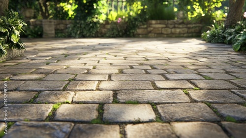 Sunlit cobblestone pathway in a lush garden. photo