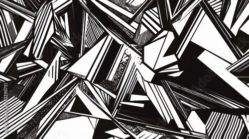 Abstract black and white geometric pattern with sharp lines and triangles.