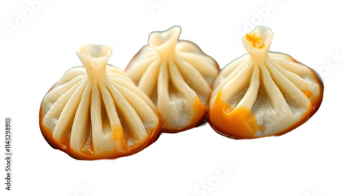 Steamed dumplings with dynamic soy sauce splashes, isolated on a transparent background, ideal for food packaging, menus, and Asian cuisine promotions.
 photo