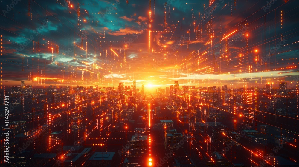 Fototapeta premium Futuristic city skyline at sunset with digital data streams.