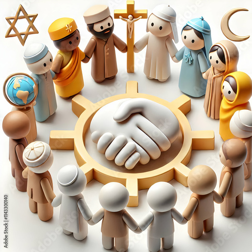 3D Close up Faith Collaborative Gesture concept as Macro close up of collaborative gestures between individuals of different faiths symbolizing unity and mutual respect for World Religion Day advertis photo