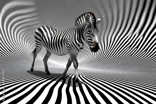 Unique zebra walking through a surreal black and white patterned environment filled with waves and curves