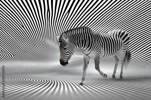 Zebra walks through an abstract black and white striped landscape created with bold patterns photo