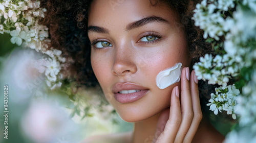 close up of serene woman with radiant skin, applying cream amidst blooming flowers