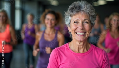 A cheerful and fit older woman leading an active lifestyle during a group fitness session with friends. Featuring smiles, energy, and camaraderie in a gym setting conveying health, happiness, and toge