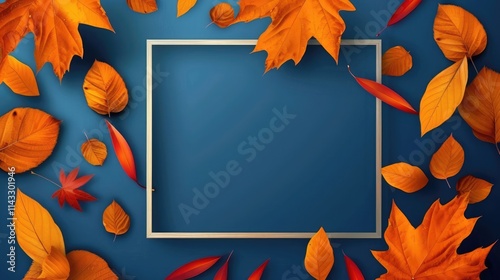 Autumn Sale Banner with Wooden Frame and Orange Leaf on Royal Blue Background photo