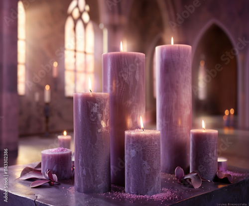 Lavender Candles in a Serene Church Setting with Warm Candlelight