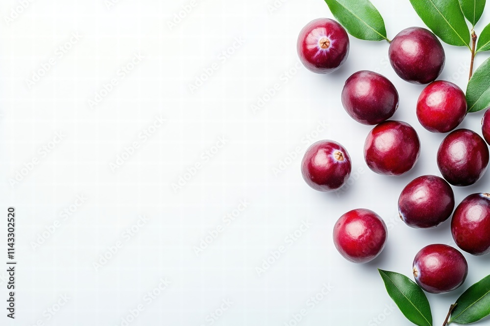 Fresh Red Plums with Green Leaves on White Background Fresh Red Plums with Green Leaves on White Background