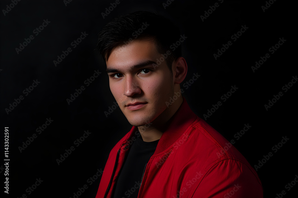 Striking portrait of a young man in a vibrant red jacket against a dramatic dark background capturing a moment of intense expression and artistic flair Striking portrait of a young man in a vibrant red jacket against a dramatic dark background capturing a moment of intense expression and artistic flair