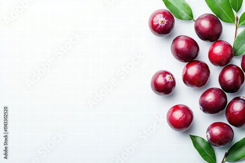 Fresh Red Plums with Green Leaves on White Background