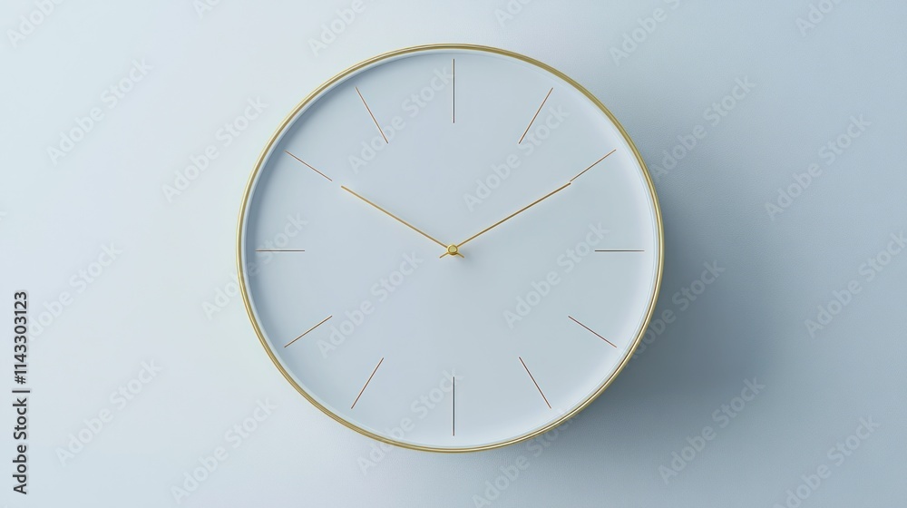 Minimalist white and gold clock on a wall.