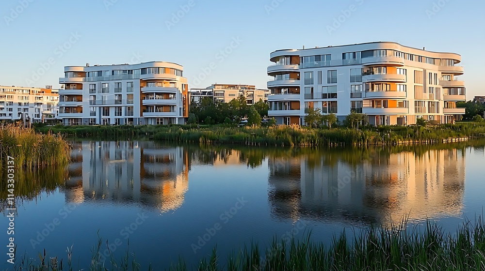 Modern apartment buildings reflected in calm lake at sunset. Modern apartment buildings reflected in calm lake at sunset.