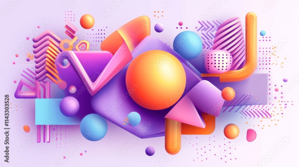 Abstract 3D shapes, vibrant colors, geometric design.