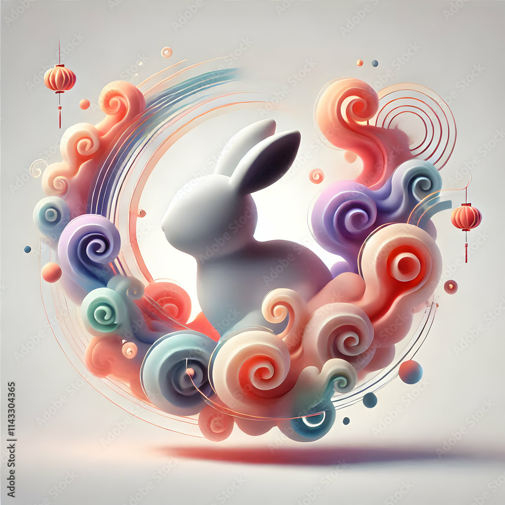 Fototapeta premium 3D Abstract Rabbit Silhouette Surrounded by Soft Colors for Lunar New Year - Dreamy Atmosphere with Copy Space