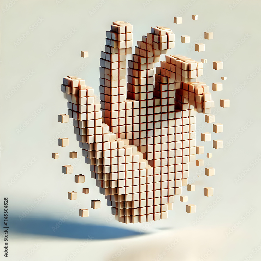 3D Abstract digital hand made of pixels reaching out with copy space concept as A glossy image shows an abstract digital hand composed of pixels reaching out on a plain background symbolizing interact 3D Abstract digital hand made of pixels reaching out with copy space concept as A glossy image shows an abstract digital hand composed of pixels reaching out on a plain background symbolizing interact