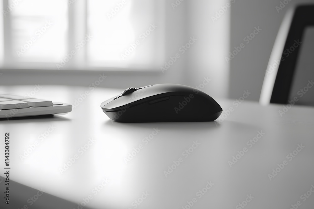 Minimalist Workspace with Black Computer Mouse on White Desk Surface and Modern Keyboard, Soft Focus Background of Bright Room with Natural Light Minimalist Workspace with Black Computer Mouse on White Desk Surface and Modern Keyboard, Soft Focus Background of Bright Room with Natural Light