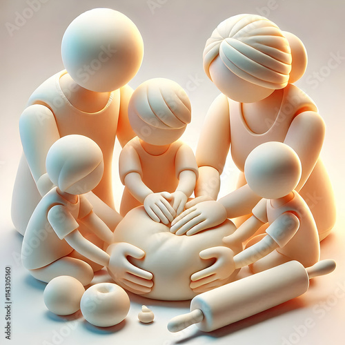 3D Macro shot of family hands kneading dough soft light with copy space concept as A detailed macro shot of family hands kneading dough in the kitchen. The soft light emphasizes warmth love and heartw photo