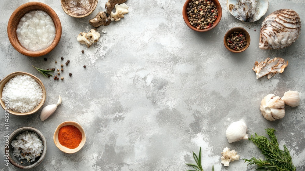 A flat lay of various spices, herbs, and seafood ingredients on a textured surface. A flat lay of various spices, herbs, and seafood ingredients on a textured surface.