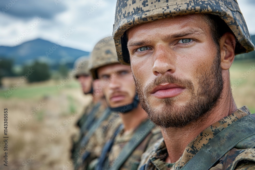 Soldiers in uniform stand together in a training field during an overcast day in a rural area with mountains in the background Soldiers in uniform stand together in a training field during an overcast day in a rural area with mountains in the background