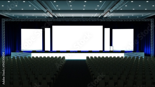 Meeting event scene, party scene design. Empty stage design for mockup and corporate identity, display. Platform elements in hall. Conference Stage Designs.	