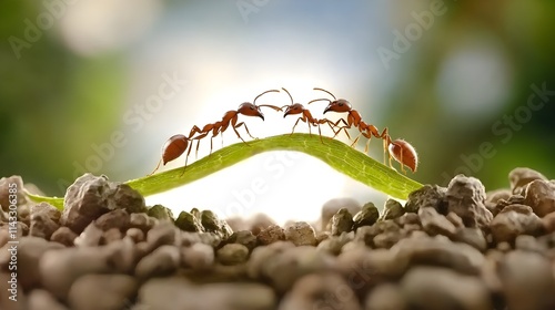 Close-up of ants building a leaf bridge, teamwork in nature--style raw