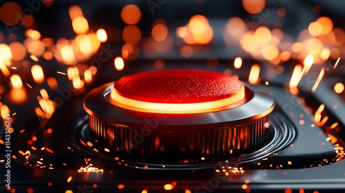 Closeup of a large red emergency button, surrounded by intense sparks and glowing embers, urgent industrial power cut-off setting, dramatic lighting--style raw photo