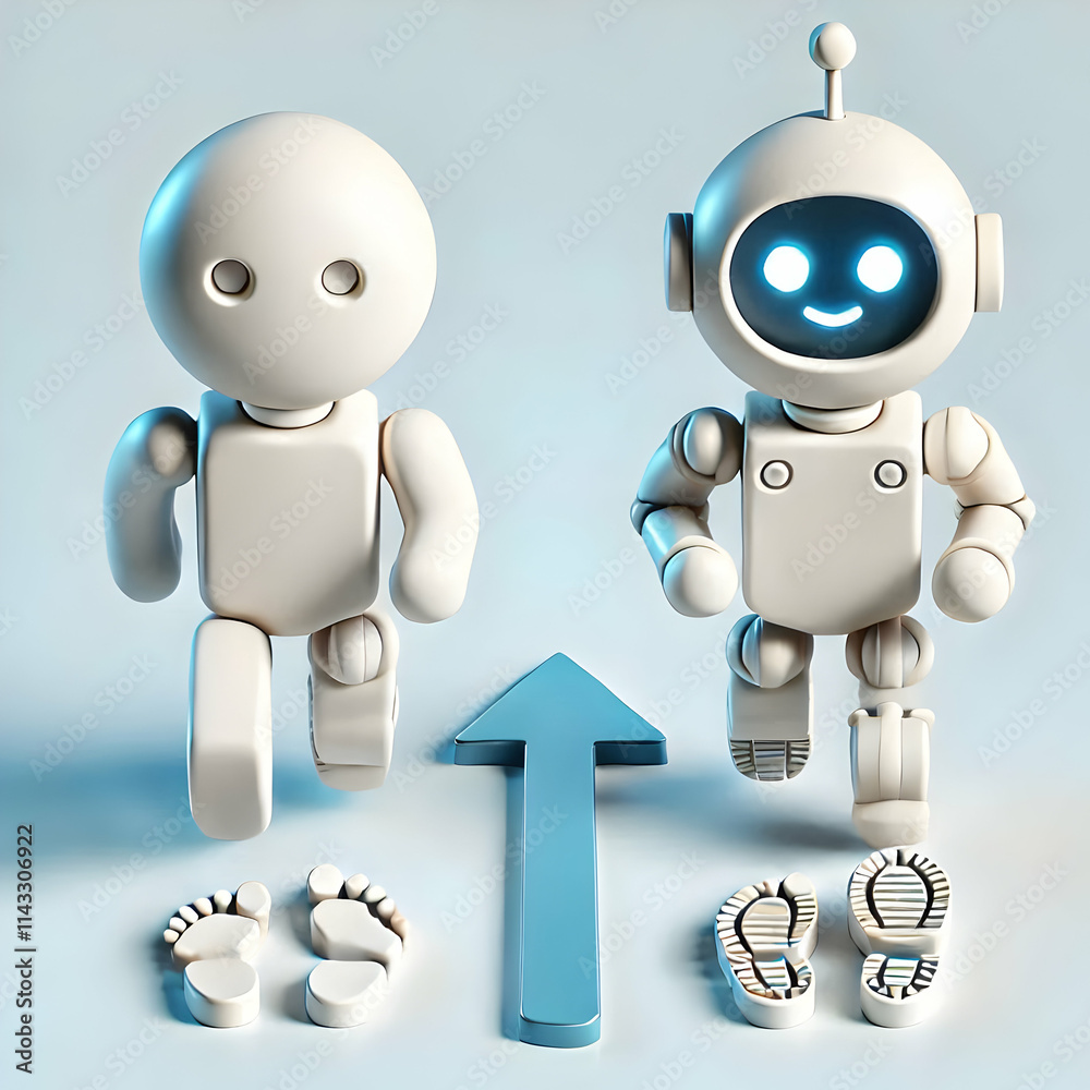 Fototapeta premium 3D Human Robotic Gears Interlocking Concept on Plain Background for Seamless Collaboration and Integration Visual