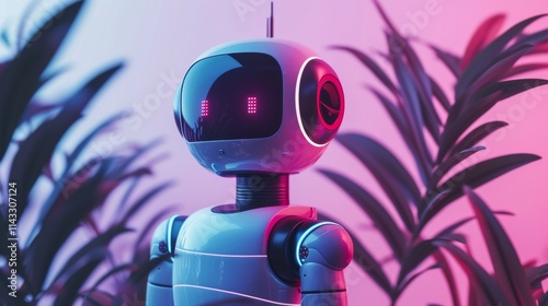 AI-generated close-up of a futuristic robot with neon highlights, set against a tropical plant-filled background. A detailed, vibrant digital illustration. AI generated. photo