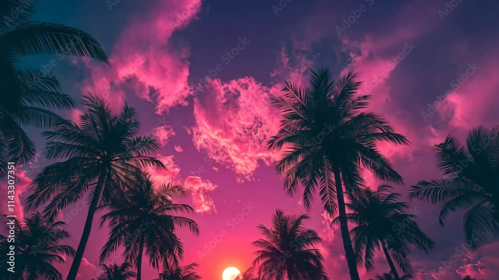 Vibrant sunset over palm trees with a colorful sky in a tropical location Vibrant sunset over palm trees with a colorful sky in a tropical location