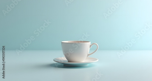 White blank cup on light blue background. Teacup or coffee mug mockup