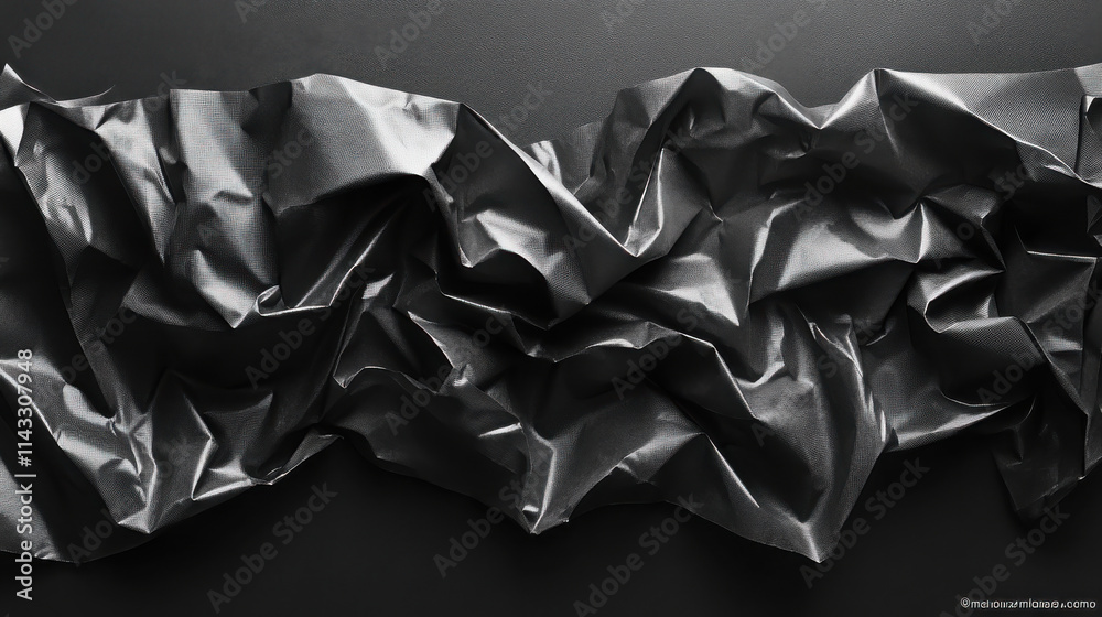 Obraz premium Crumpled black plastic wrap texture with shadows creating depth and contrast. intricate folds and creases add dynamic visual element to composition