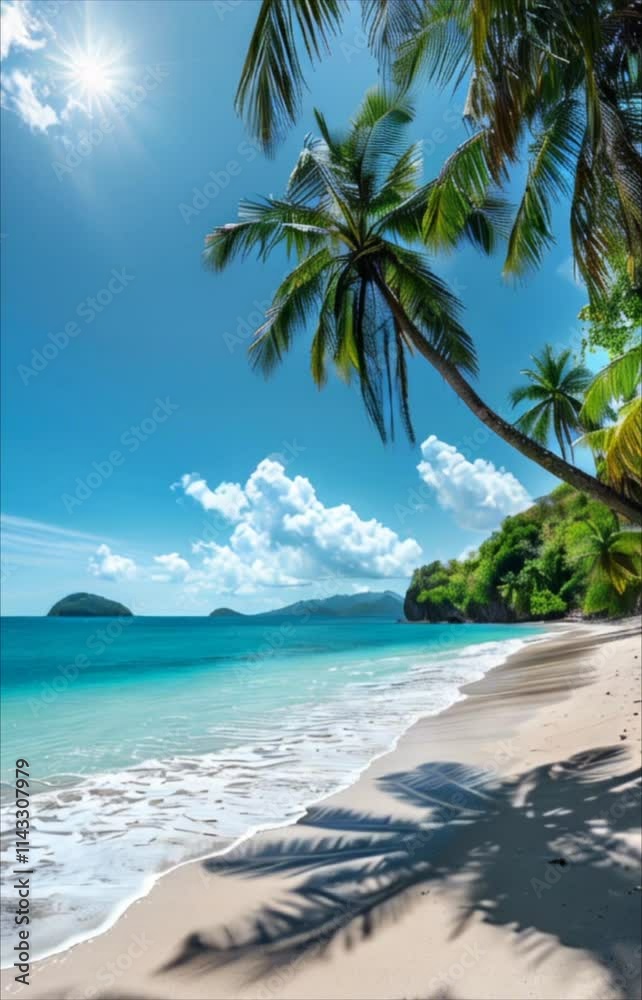 Tropical beach with palm trees and turquoise water in ocean. Paradise ...