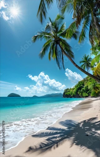 Tropical beach with palm trees and turquoise water in ocean. Paradise island on a sunny day. Trip, travel and vacation