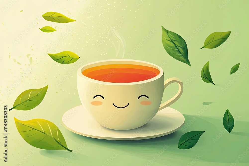 Happy Teacup Surrounded by Falling Green Leaves Happy Teacup Surrounded by Falling Green Leaves