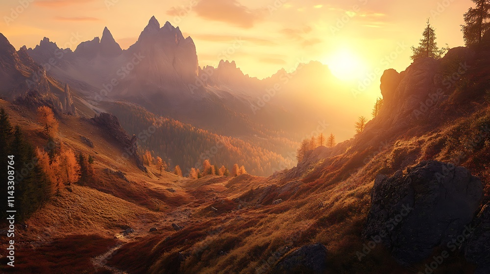 Naklejka premium A quiet mountain pass during the golden hour, with the sun setting behind a cluster of tall peaks and the landscape glowing in warm, golden tones 